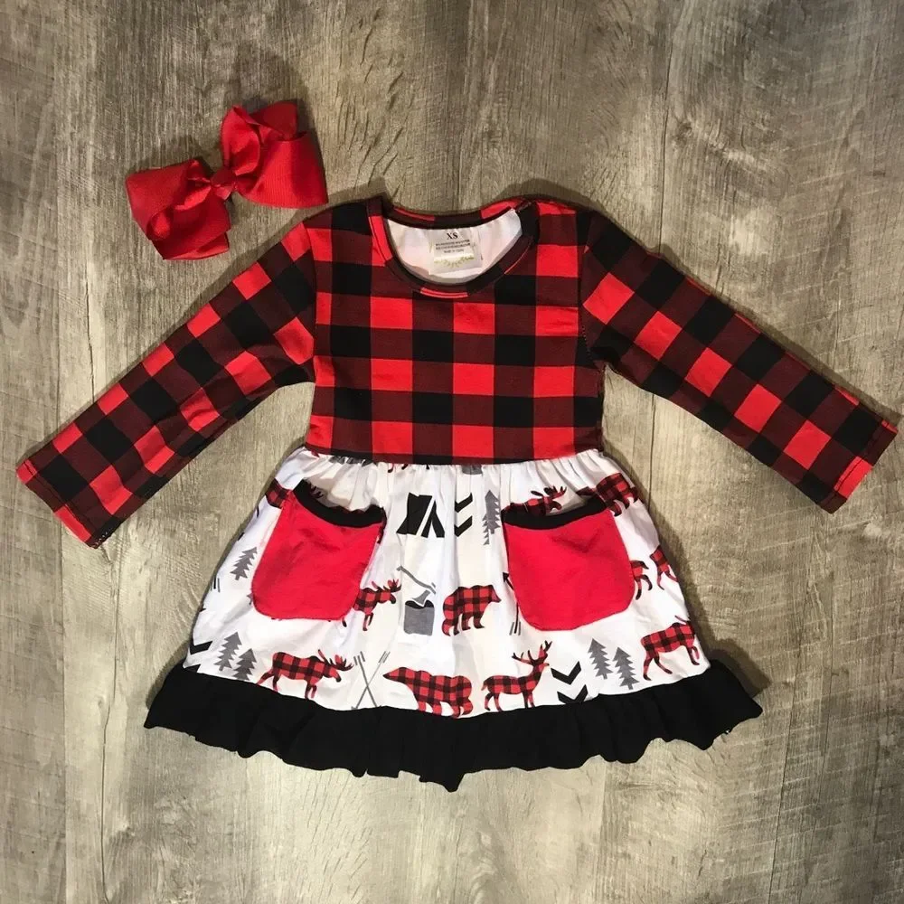 Buffalo plaid bear and deer pocket dress - Picture 1 of 4